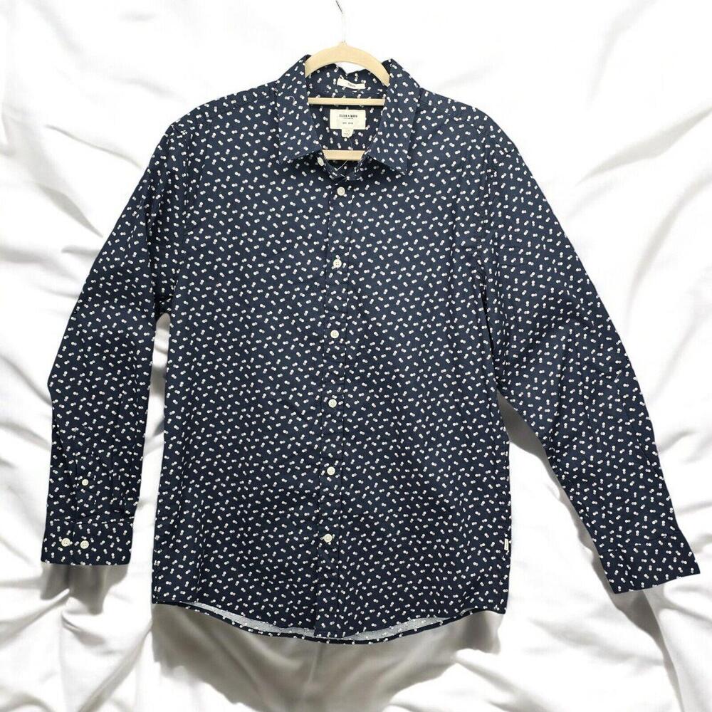 Julian & Mark Button Down Shirt Men Large Navy Blue LS Geometric Dot Stretch NEW